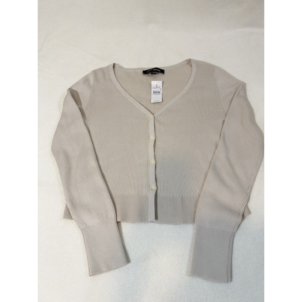NWT Loft Versa Beige Ribbed V Neck Knit Cardigan Sweater Top Office Size S